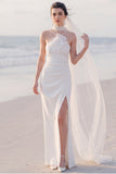 Halter White Sheath Maxi Wedding Dress With 3D Flower