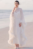 White Sheath High Neck Maxi Wedding Dress With Cape