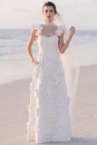 Square Neck A Line White Maxi Wedding Dress With 3D Flowers