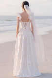 Square Neck A Line White Maxi Wedding Dress With 3D Flowers