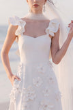 Square Neck A Line White Maxi Wedding Dress With 3D Flowers