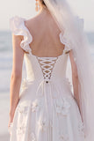 Square Neck A Line White Maxi Wedding Dress With 3D Flowers