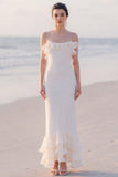 Spaghetti Straps Sheath Ruffled White Maxi Engagement Dress