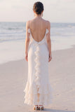 Spaghetti Straps Sheath Ruffled White Maxi Engagement Dress