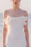 Spaghetti Straps Sheath Ruffled White Maxi Engagement Dress