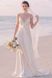 Spaghetti Straps A Line Lace White Maxi Beach Wedding Dress