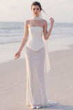 Strapless Sparkly Sheath White Maxi Beach Wedding Dress