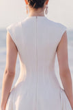 A Line White Midi Engagement Dress With Cap Sleeves