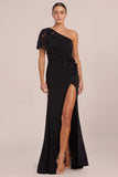 One Shoulder Mermaid Beaded Maxi Black Tie Dress With Appliques