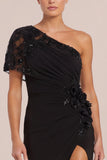 One Shoulder Mermaid Beaded Maxi Black Tie Dress With Appliques