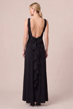 Boat Neck Sheath Ruffled Maxi Black Tie Dress