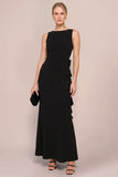 Boat Neck Sheath Ruffled Maxi Black Tie Dress