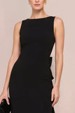 Boat Neck Sheath Ruffled Maxi Black Tie Dress