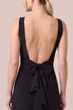 Boat Neck Sheath Ruffled Maxi Black Tie Dress