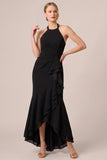 Halter Mermaid Ruffled High-Low Chiffon Black Tie Dress