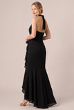 Halter Mermaid Ruffled High-Low Chiffon Black Tie Dress