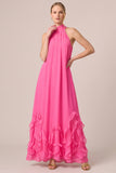 A Line Pink Halter Ruffled Maxi Formal Dress