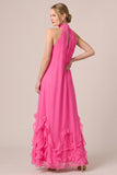 A Line Pink Halter Ruffled Maxi Formal Dress