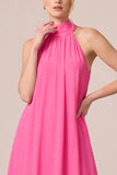 A Line Pink Halter Ruffled Maxi Formal Dress