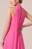 A Line Pink Halter Ruffled Maxi Formal Dress