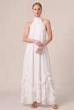 A Line Pink Halter Ruffled Maxi Formal Dress