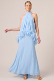 A Line Halter Light Blue Maxi Formal Dress With 3D Flowers