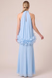 A Line Halter Light Blue Maxi Formal Dress With 3D Flowers