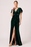 Dark Green Sheath Flutter Sleeve Maxi Velvet Dress