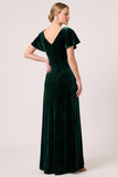 Dark Green Sheath Flutter Sleeve Maxi Velvet Dress