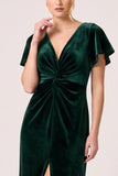 Dark Green Sheath Flutter Sleeve Maxi Velvet Dress