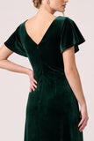 Dark Green Sheath Flutter Sleeve Maxi Velvet Dress