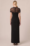 Illusion Neck Sheath Long Black Tie Dress with Slit