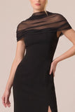 Illusion Neck Sheath Long Black Tie Dress with Slit