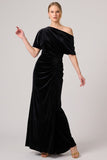 Asymmetrical Neck Mermaid Ruched Velvet Long Black Tie Dress