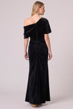 Asymmetrical Neck Mermaid Ruched Velvet Long Black Tie Dress
