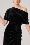Asymmetrical Neck Mermaid Ruched Velvet Long Black Tie Dress
