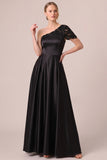 One Shoulder A-Line Satin Long Black Tie Dress with Beading