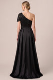 One Shoulder A-Line Satin Long Black Tie Dress with Beading