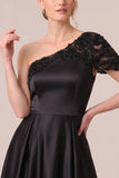 One Shoulder A-Line Satin Long Black Tie Dress with Beading