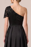 One Shoulder A-Line Satin Long Black Tie Dress with Beading