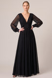 V-Neck Sequins A-Line Ruched Long Black Tie Dress with Long Sleeves