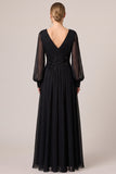 V-Neck Sequins A-Line Ruched Long Black Tie Dress with Long Sleeves