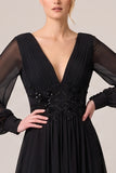 V-Neck Sequins A-Line Ruched Long Black Tie Dress with Long Sleeves