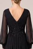 V-Neck Sequins A-Line Ruched Long Black Tie Dress with Long Sleeves