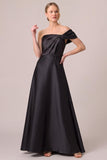 A-Line Asymmetrical Neck Ruched Long Black Tie Dress