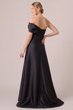 A-Line Asymmetrical Neck Ruched Long Black Tie Dress