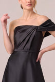 A-Line Asymmetrical Neck Ruched Long Black Tie Dress