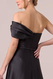 A-Line Asymmetrical Neck Ruched Long Black Tie Dress