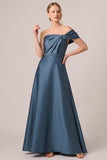 A-Line Asymmetrical Neck Ruched Long Black Tie Dress