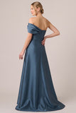 A-Line Asymmetrical Neck Ruched Long Black Tie Dress